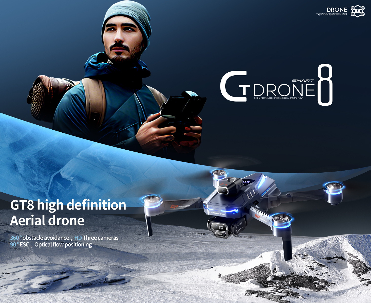 The GT8 drone features a triple-camera aerial photography system with a four-axis flight, battery level display, and an over-distance reminder. It is a remote-controlled toy aircraft pic 13