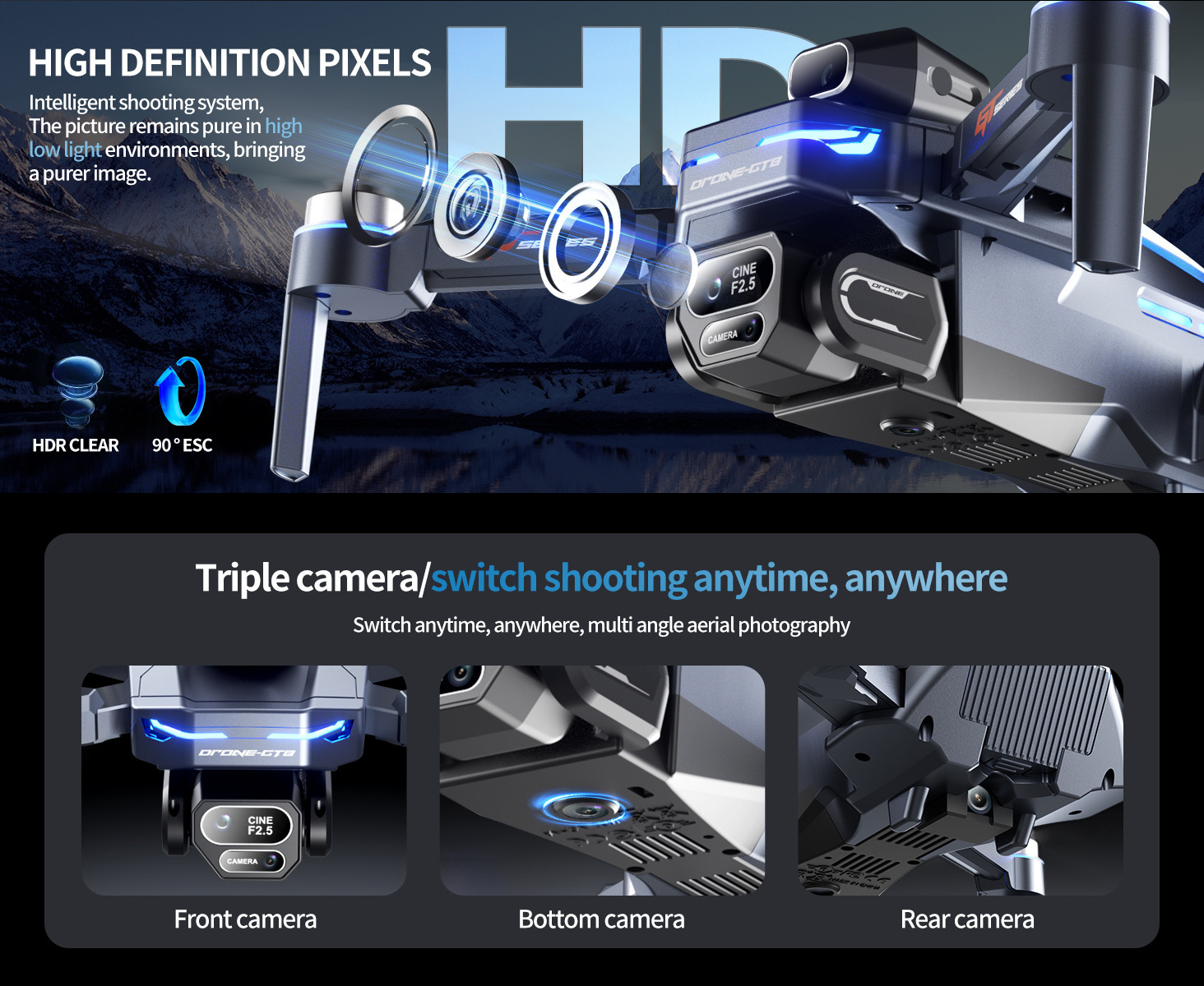 The GT8 drone features a triple-camera aerial photography system with a four-axis flight, battery level display, and an over-distance reminder. It is a remote-controlled toy aircraft pic 15