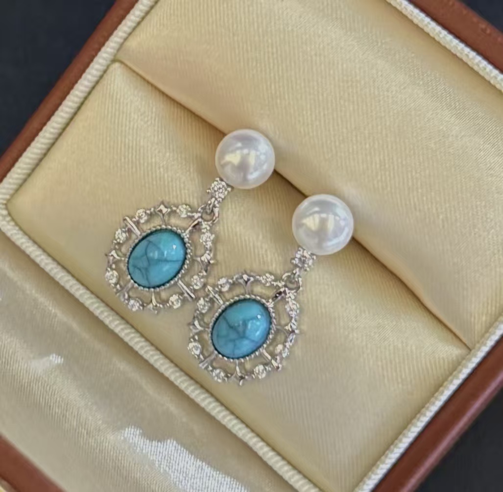 Natural freshwater pearl jewelry stud earrings, turquoise color retention high-end necklace, pearl necklace jewelry detail image 2