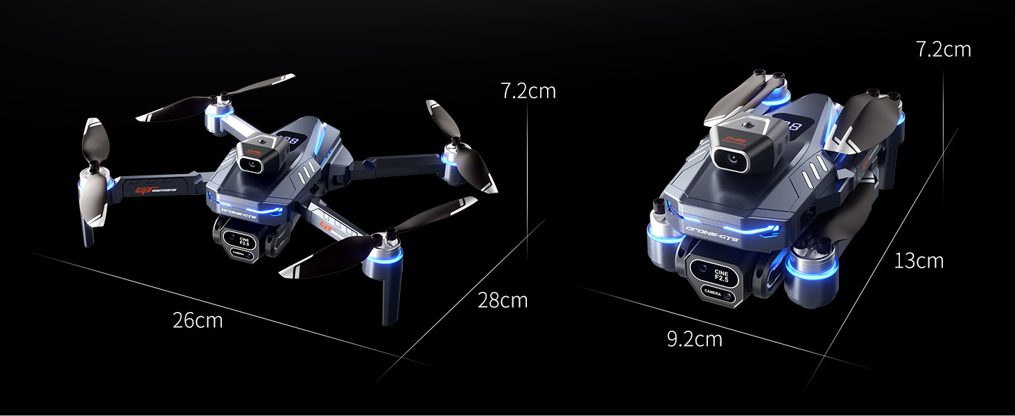 The GT8 drone features a triple-camera aerial photography system with a four-axis flight, battery level display, and an over-distance reminder. It is a remote-controlled toy aircraft pic 12