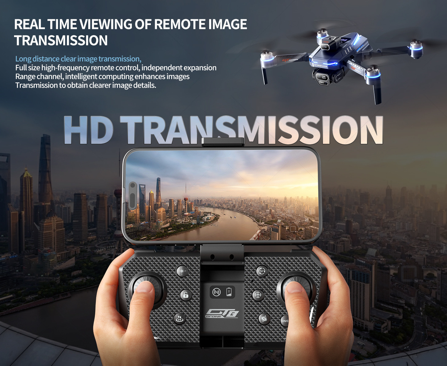 The GT8 drone features a triple-camera aerial photography system with a four-axis flight, battery level display, and an over-distance reminder. It is a remote-controlled toy aircraft pic 19