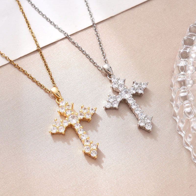 欧美跨境外贸新款铜镀真金十字架项链饰品简约时尚设计款吊坠东南亚潮流百搭镶锆石详情1