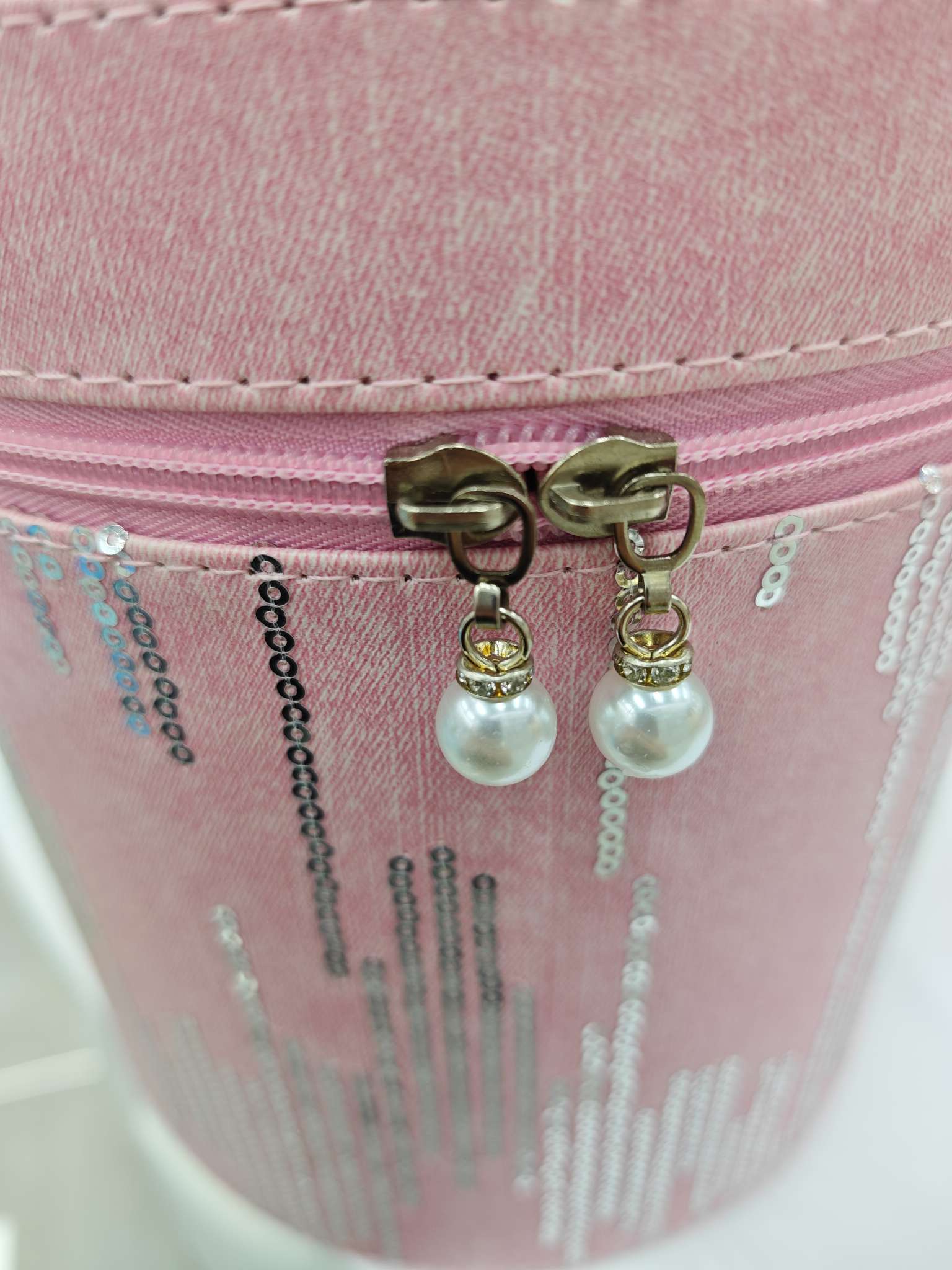 珍珠手提牛仔亮片圆桶化妆品箱两件套 大容量旅行收纳箱化妆箱包便携化妆盒女士化妆包详情2