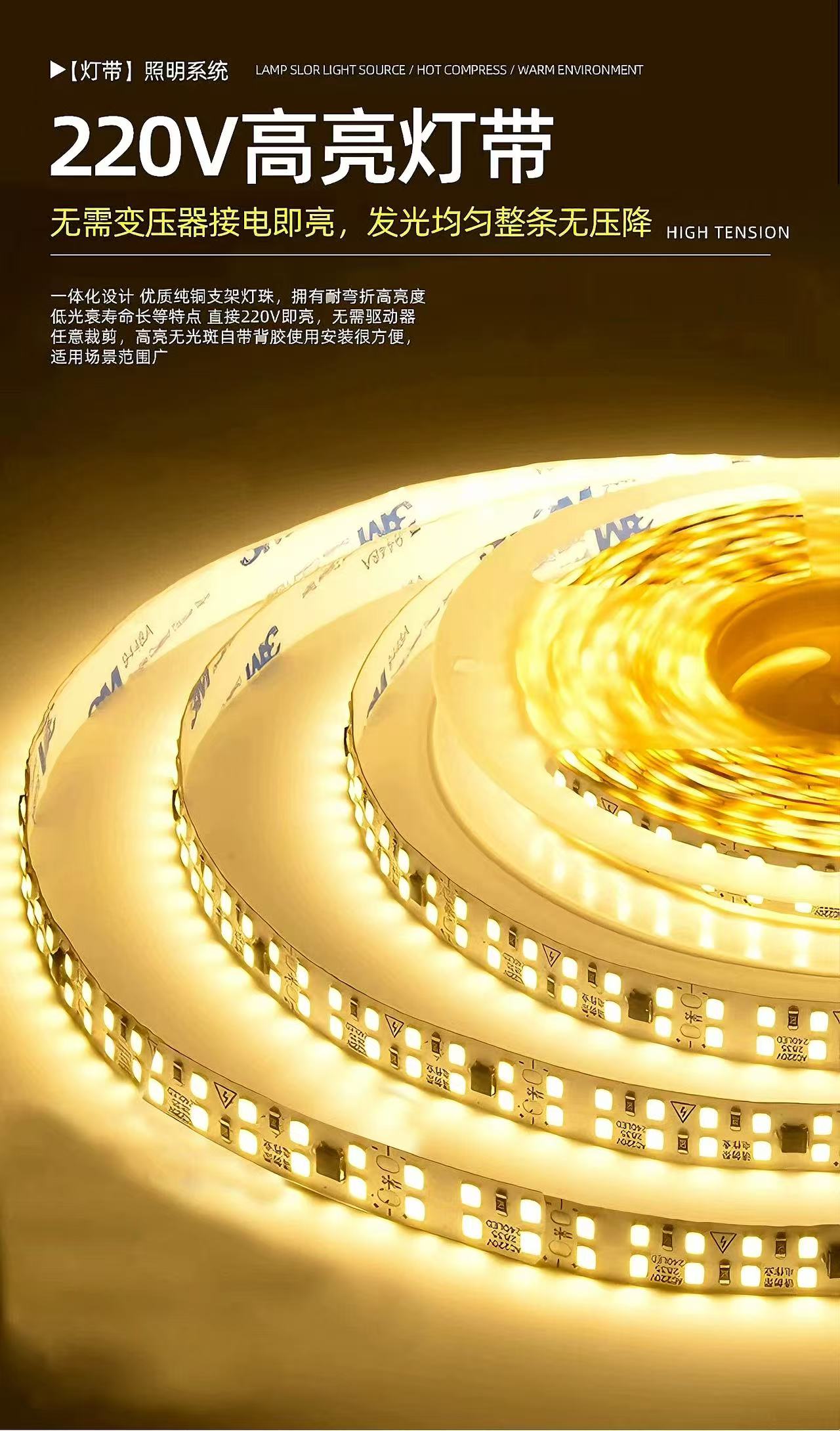220V 裸板免驱双排LED贴片灯带 2835-240D-10MM  带背胶 铝槽吊顶线性灯详情2
