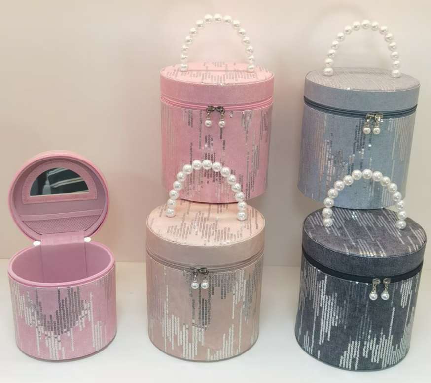 珍珠手提牛仔亮片圆桶化妆品箱两件套 大容量旅行收纳箱化妆箱包便携化妆盒女士化妆包