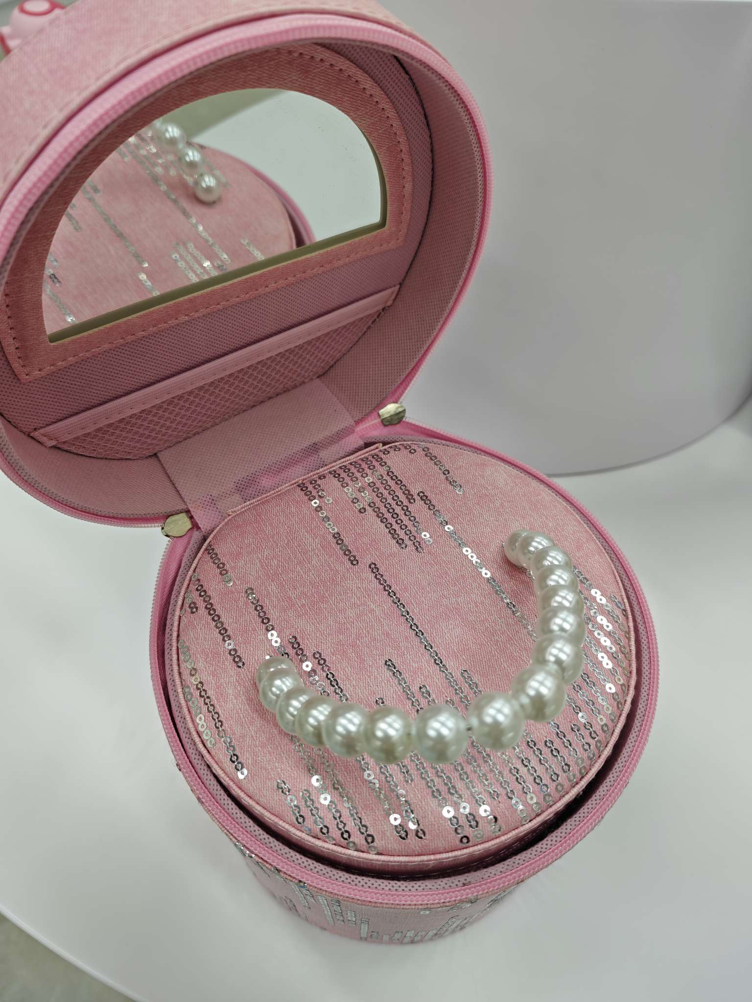 珍珠手提牛仔亮片圆桶化妆品箱两件套 大容量旅行收纳箱化妆箱包便携化妆盒女士化妆包详情3