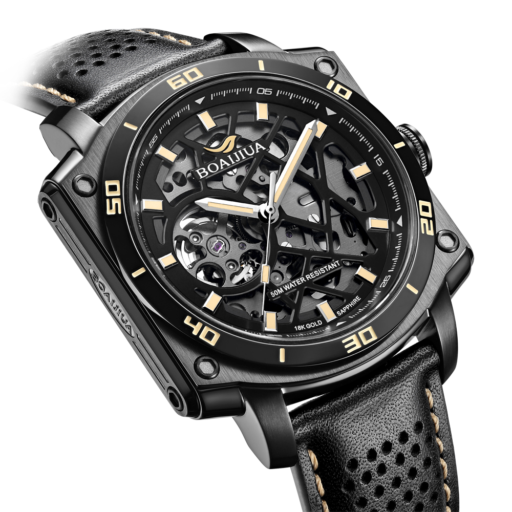 Bai Ai Jia 2025 New skeletonized automatic Mechanical Watch, fashionable waterproof men's watch, 18K gold label original genuine watch 8006 Phantom Black 42.5mm details Picture