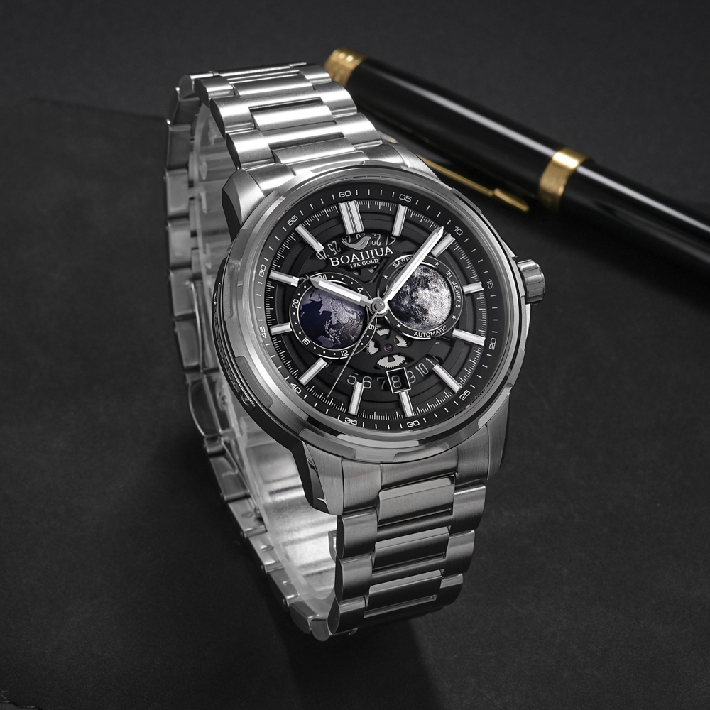 Baiaijia fully automatic mechanical men's watch, Starry Sky Waterproof Men's watch, original genuine 18K gold label steel band mechanical watch 8002 Starry Black details Picture