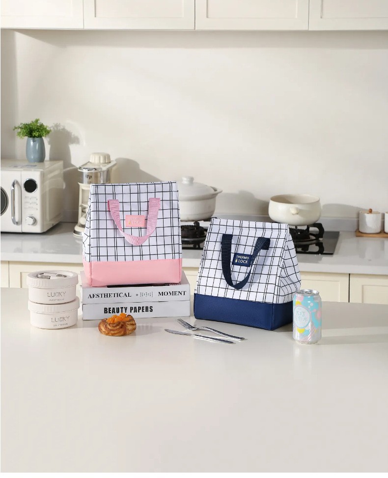 New grid minimalist meal bag, large-capacity insulated bag, lunch box bag, handbag, bento bag with rice, lunch bag detail image 11