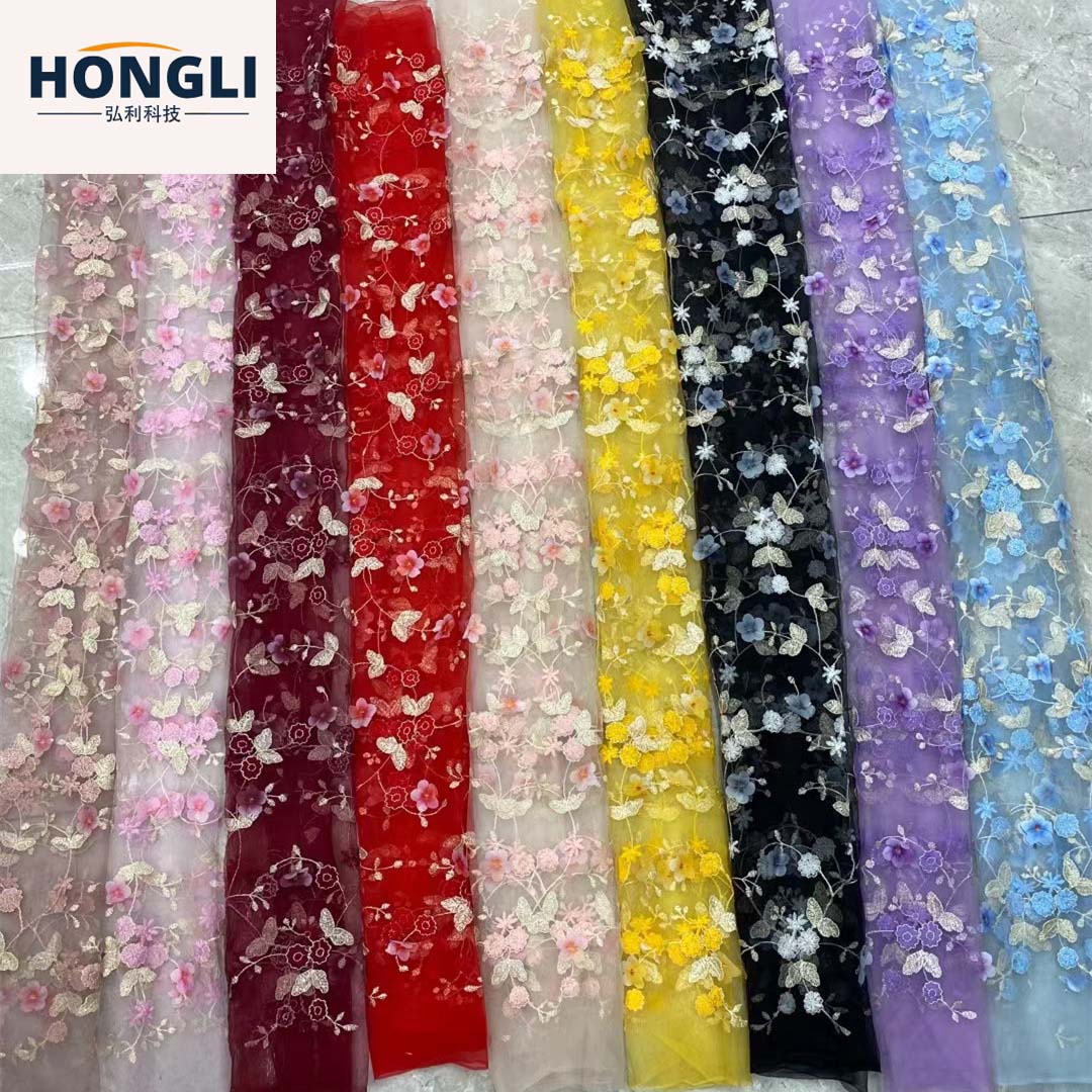 弘利科技新款 婚纱童装连衣裙绣花布 现货 跨境立体手工订花绣花面料 HLJC-1126