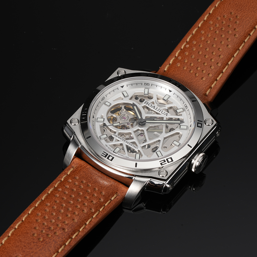 Bai Ai Jia 2025 New skeletonized automatic Mechanical Watch, fashionable waterproof men's watch, 18K gold label original genuine watch 8006, white sand silver 42.5mm details Picture