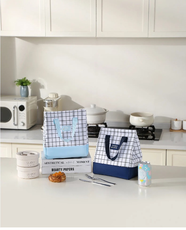 New grid minimalist meal bag, large-capacity insulated bag, lunch box bag, handbag, bento bag with rice, lunch bag detail image 12
