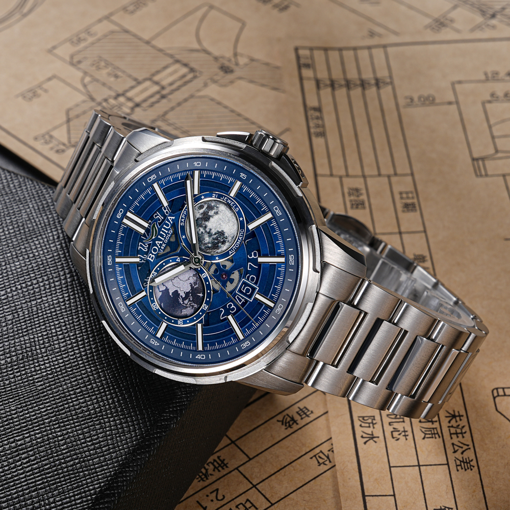 Baiaijia fully automatic mechanical men's watch, Starry Sky Waterproof Men's watch, original genuine 18K gold label steel band mechanical watch 8002 Starry Sky Blue details Picture