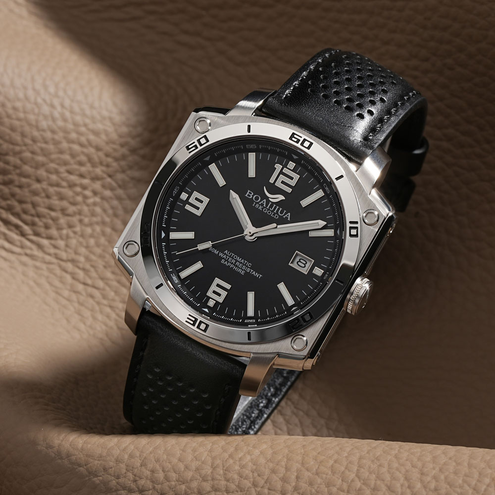 The new automatic mechanical men's watch from Baiaijia, a fashionable waterproof leather strap men's watch, an original genuine 18K gold label wristwatch 8005, starry Night black, 42.5mm details Picture