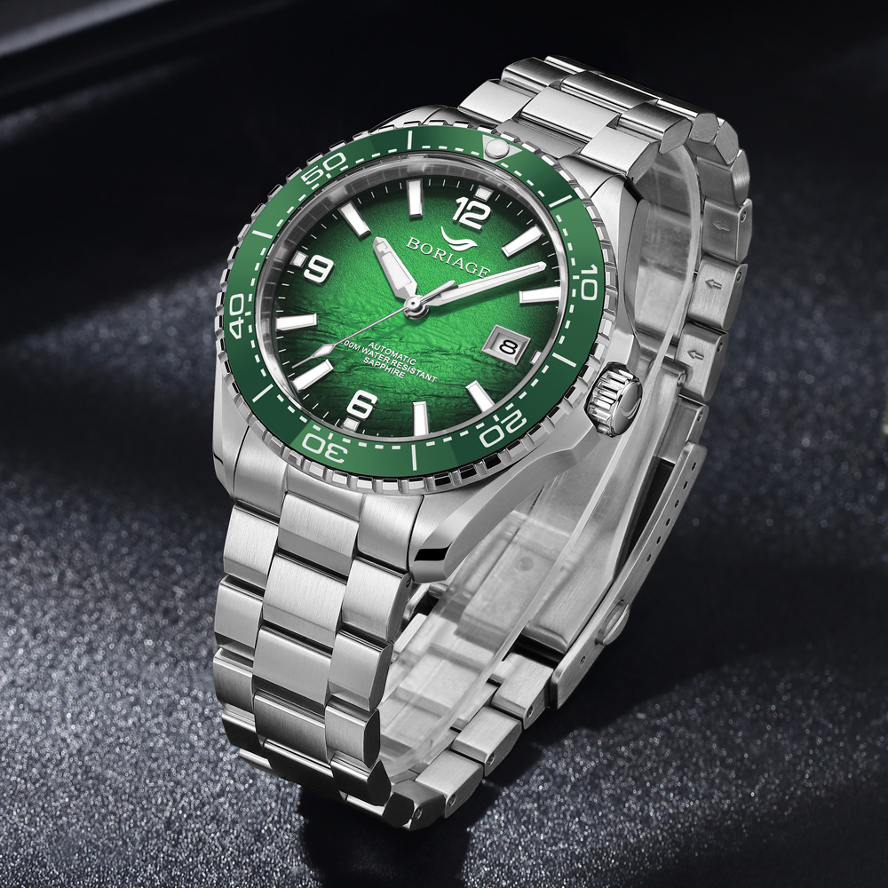 Baiaijia fully automatic mechanical men's watch, waterproof men's wristwatch, original genuine leather and real diamond watch, 18K gold label watch 8007 Aurora green details Picture