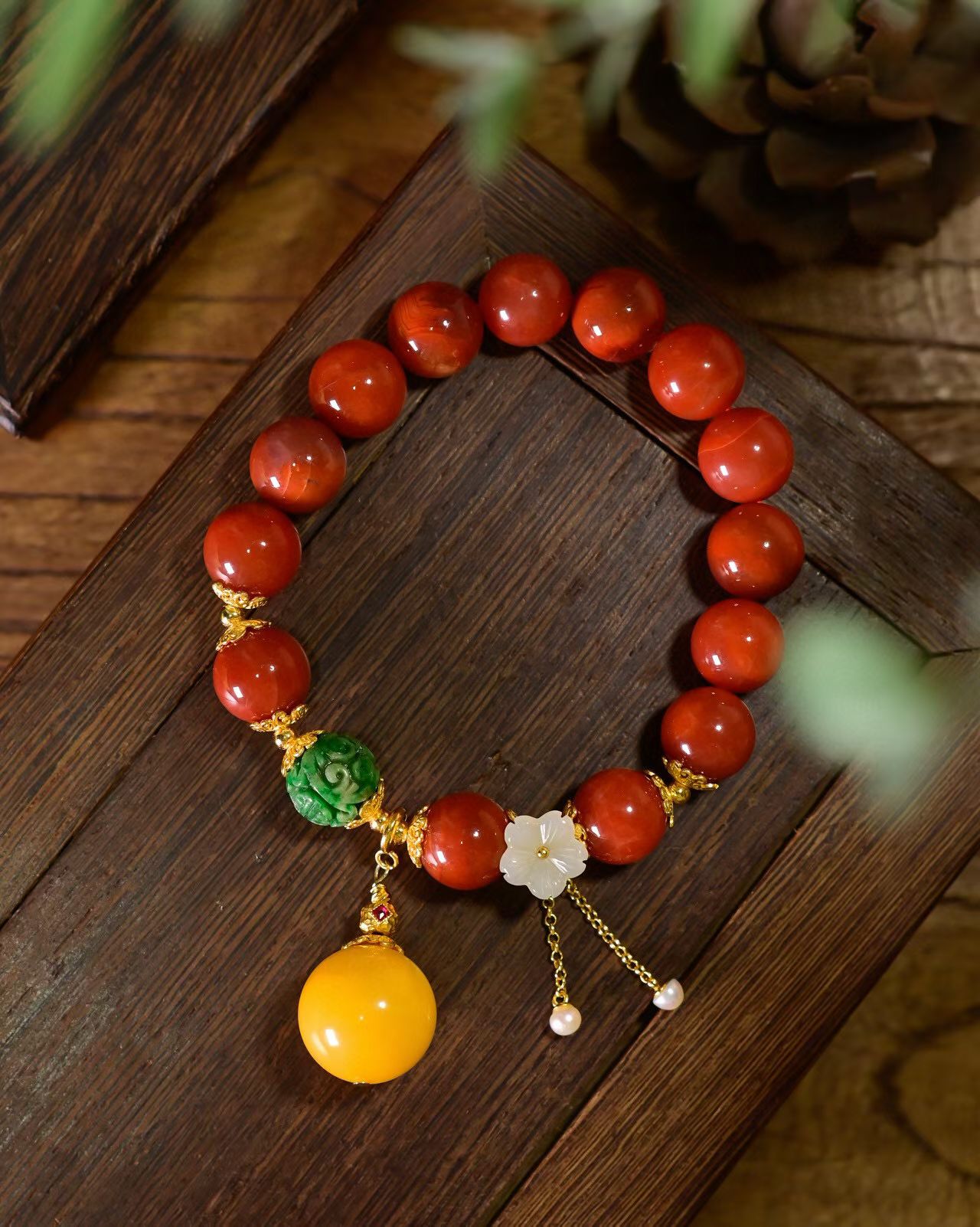 道毅珠宝川料南红玛瑙手链天然蜜蜡辣绿A货翡翠回纹珠925纯银镀金配饰和田玉小花详情图4