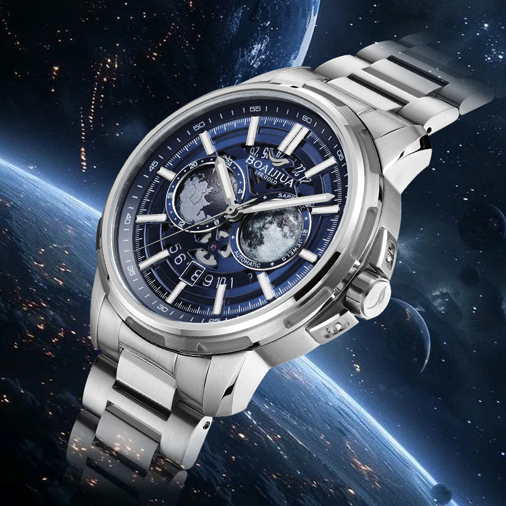 Baiaijia fully automatic mechanical men's watch, Starry Sky Waterproof Men's watch, original genuine 18K gold label steel band mechanical watch 8002 Starry Sky Blue Specification drawing