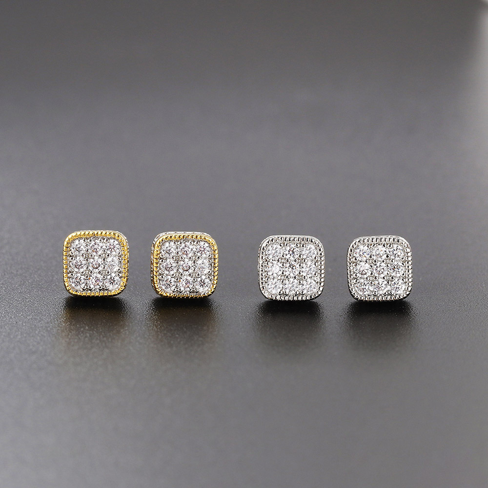 Cross-border best-selling street square hip-hop stud earrings, full diamond zircon micro-inlaid color-separated electroplated threaded stud earrings and jewelry detail image 2