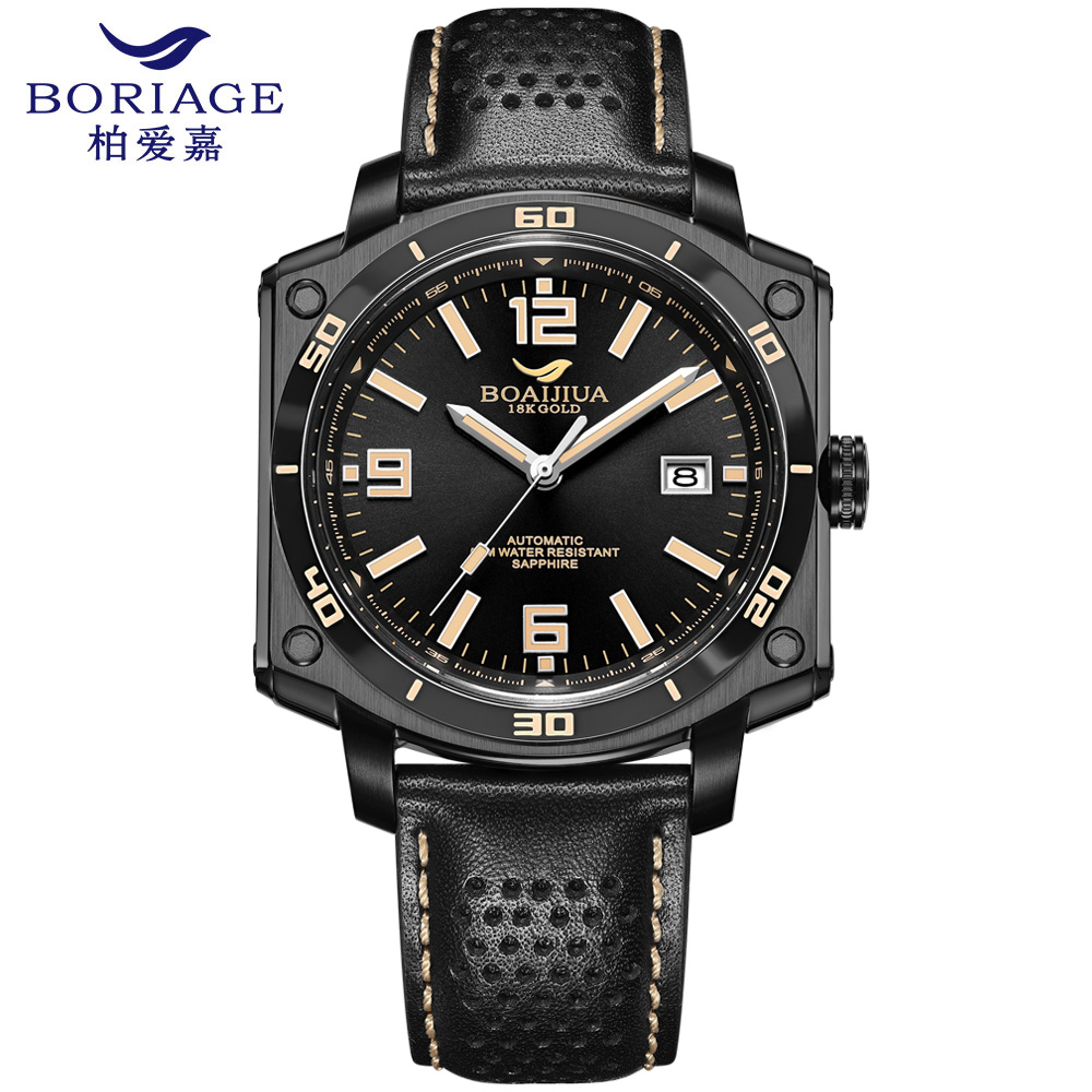 The new automatic mechanical men's watch from Baiaijia, a fashionable waterproof leather strap men's watch, an original genuine 18K gold label wristwatch 8005 Phantom Black 42.5mm full figure