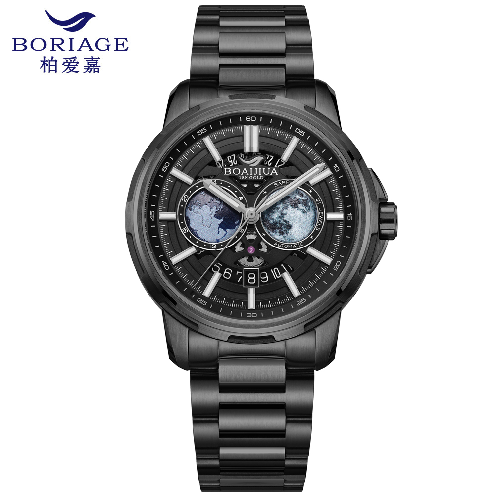 Baiaijia fully automatic mechanical men's watch, Starry Sky Waterproof Men's watch, original genuine 18K gold label steel band mechanical watch 8002 Starry Sky Black full figure