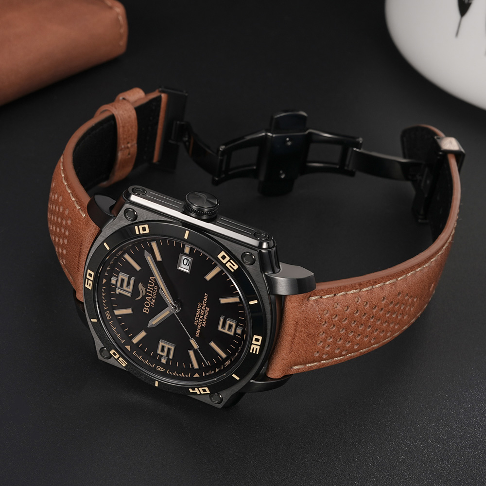 The new automatic mechanical men's watch from Baiaijia, a fashionable waterproof leather strap men's watch, an original genuine 18K gold label wristwatch 8005, obsidian black, 42.5mm details Picture