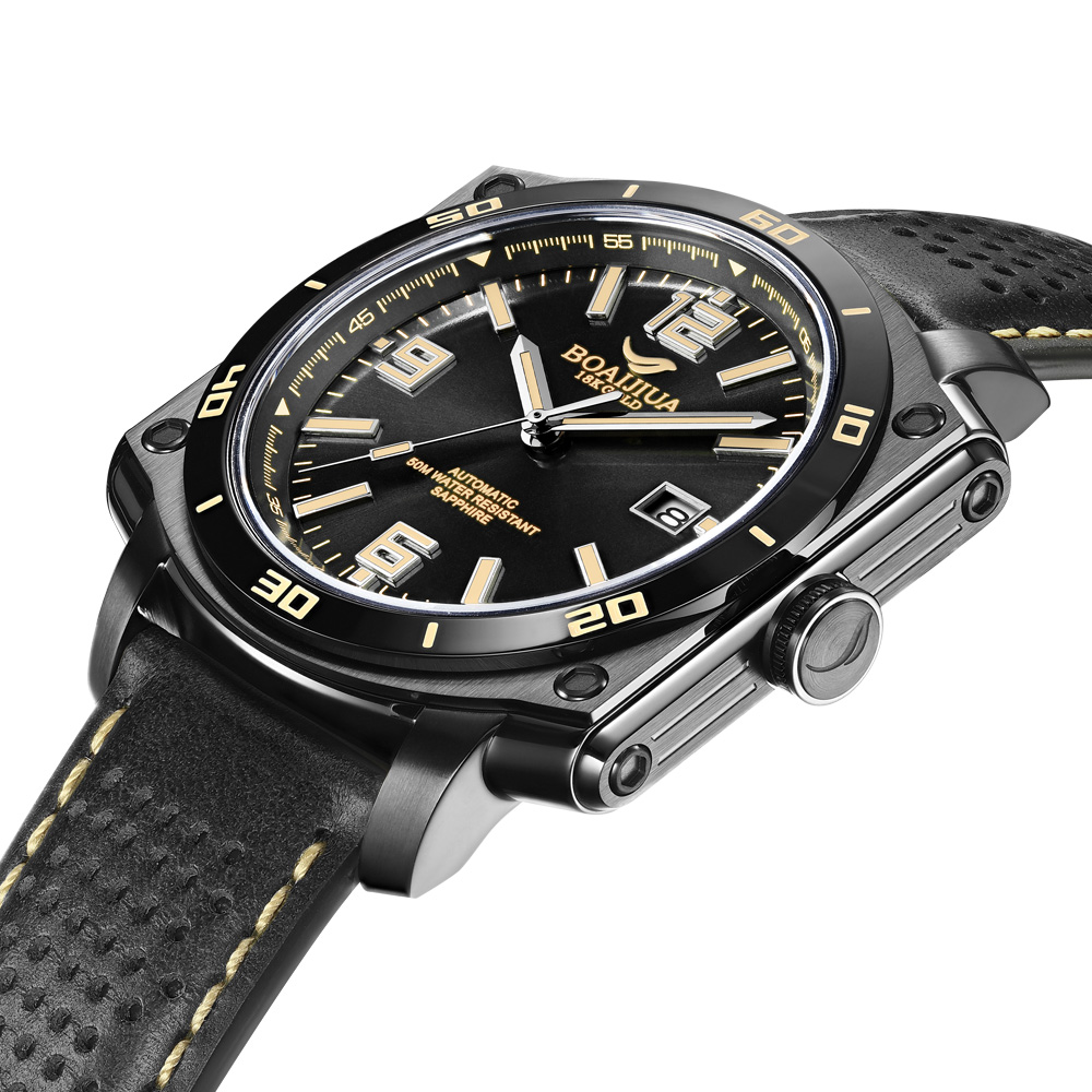 The new automatic mechanical men's watch from Baiaijia, a fashionable waterproof leather strap men's watch, an original genuine 18K gold label wristwatch 8005 Phantom Black 42.5mm details Picture