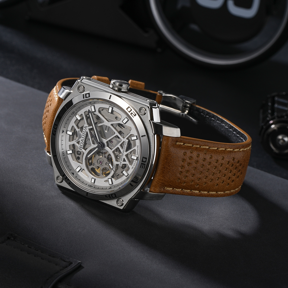 Bai Ai Jia 2025 New skeletonized automatic Mechanical Watch, fashionable waterproof men's watch, 18K gold label original genuine watch 8006, white sand silver 42.5mm Application Scenario
