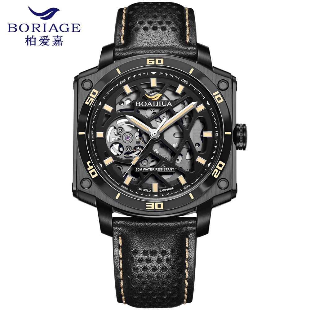 柏爱嘉2025新款镂空自动机械表时尚防水男士表18K金标原创正品手表8006 幻影黑 42.5mm