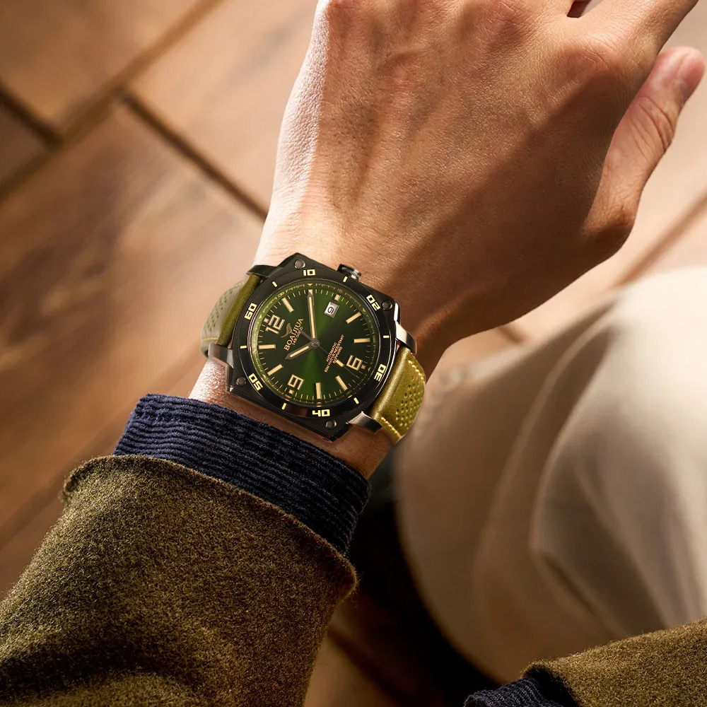 The new automatic mechanical men's watch from Baiaijia, a fashionable waterproof leather strap men's watch, an original genuine 18K gold label wristwatch 8005, jungle green 42.5mm Specification drawing