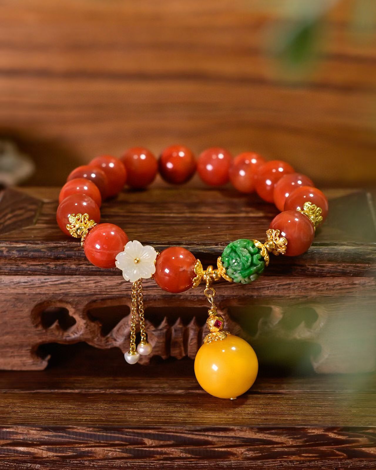 道毅珠宝川料南红玛瑙手链天然蜜蜡辣绿A货翡翠回纹珠925纯银镀金配饰和田玉小花