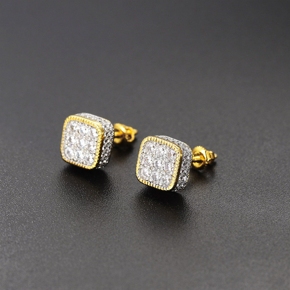 Cross-border best-selling street square hip-hop stud earrings, full diamond zircon micro-inlaid color-separated electroplated threaded stud earrings and jewelry details Picture