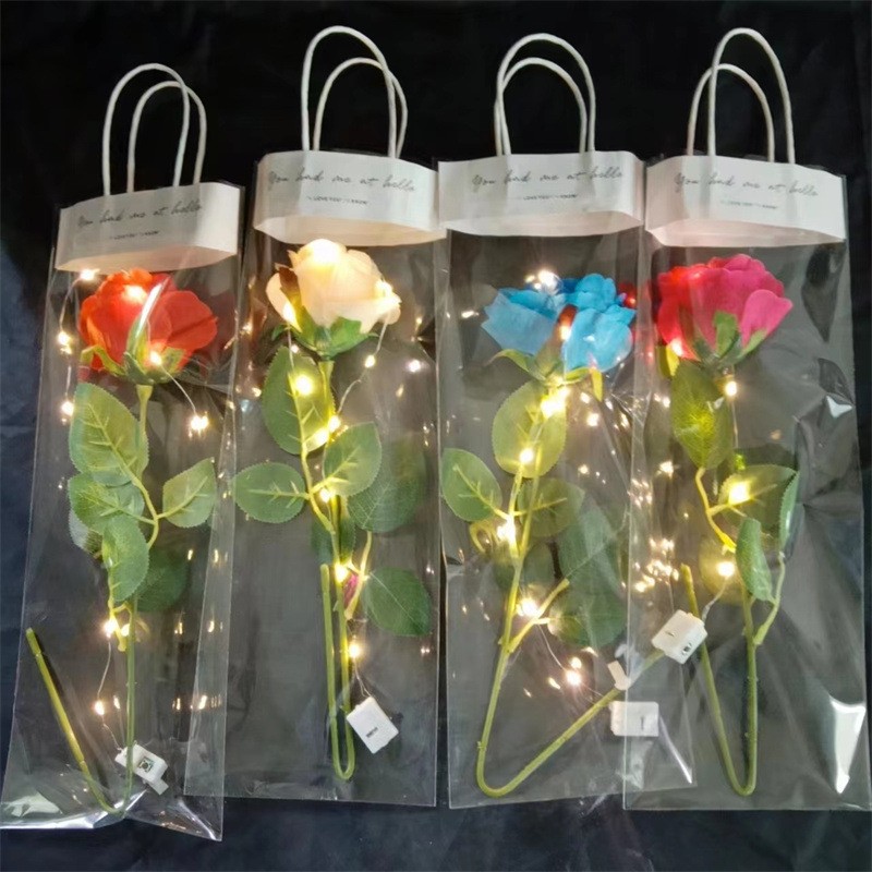 现货发光玩具七夕情人节玫瑰花礼物七彩玫瑰花彩色仿真玫瑰花束细节图