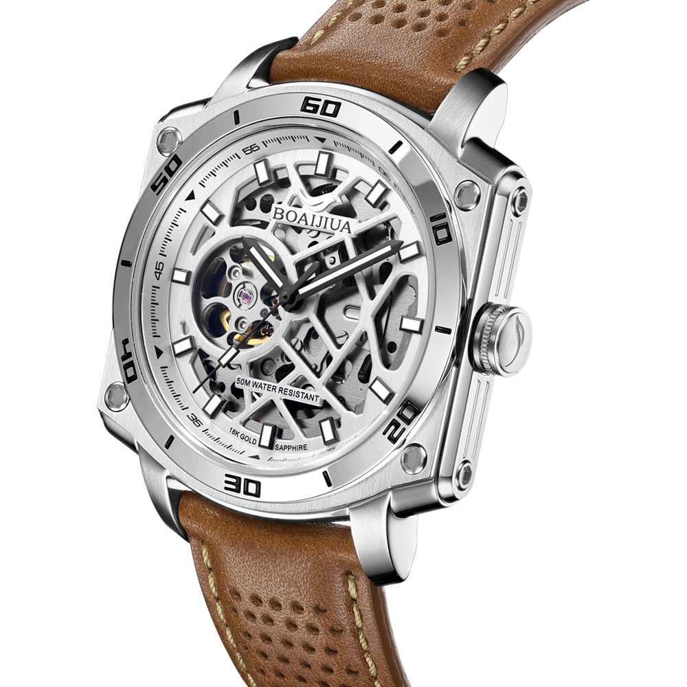 Bai Ai Jia 2025 New skeletonized automatic Mechanical Watch, fashionable waterproof men's watch, 18K gold label original genuine watch 8006, white sand silver 42.5mm Specification drawing