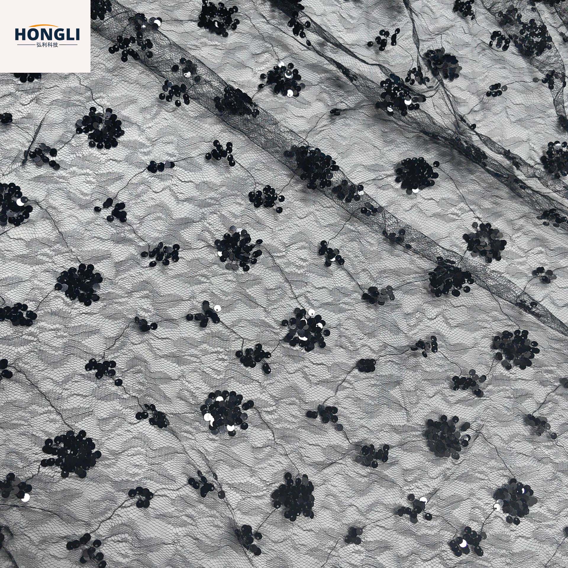 弘利科技 HLJC-6632  5厘满幅网纱蕾丝绣花亮片布 女装连衣裙葡萄花珠片刺绣面料支持剪样 现货直供 来样定制
