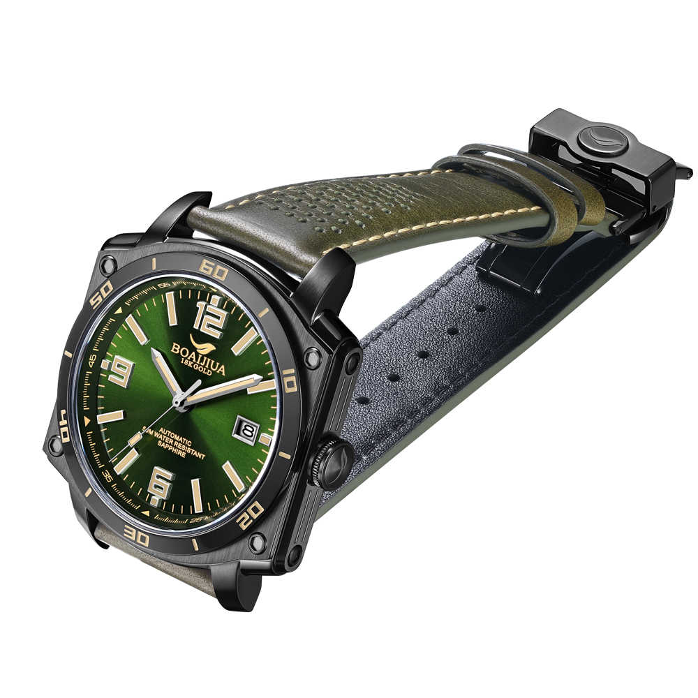 The new automatic mechanical men's watch from Baiaijia, a fashionable waterproof leather strap men's watch, an original genuine 18K gold label wristwatch 8005, jungle green 42.5mm Application Scenario