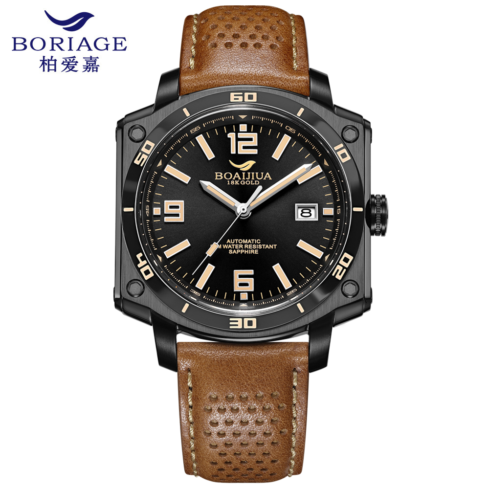 The new automatic mechanical men's watch from Baiaijia, a fashionable waterproof leather strap men's watch, an original genuine 18K gold label wristwatch 8005, obsidian black, 42.5mm full figure
