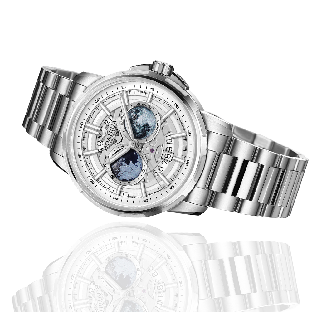 Baiaijia fully automatic mechanical men's watch, Starry Sky Waterproof Men's watch, original genuine 18K gold label steel band mechanical watch 8002 Nebula White details Picture
