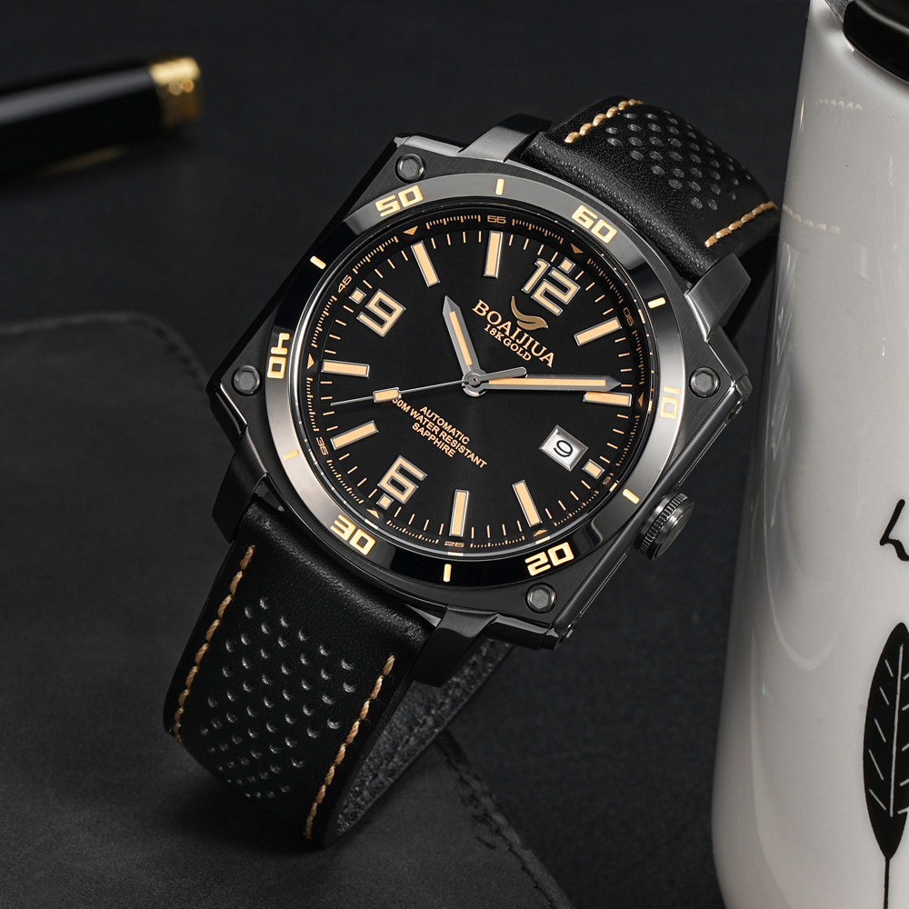 The new automatic mechanical men's watch from Baiaijia, a fashionable waterproof leather strap men's watch, an original genuine 18K gold label wristwatch 8005 Phantom Black 42.5mm Specification drawing