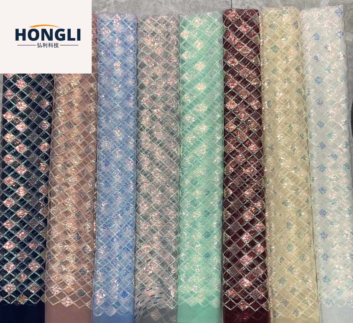 弘利科技 HLJC-1125 新款网纱方格亮片刺绣布料 春夏女装舞台服婚纱礼服珠片面料 支持剪米样 现货直发 订制