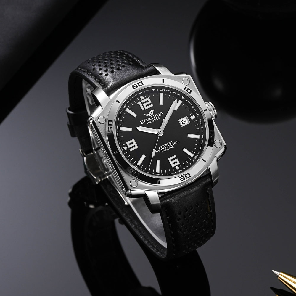 The new automatic mechanical men's watch from Baiaijia, a fashionable waterproof leather strap men's watch, an original genuine 18K gold label wristwatch 8005, starry Night black, 42.5mm Specification drawing