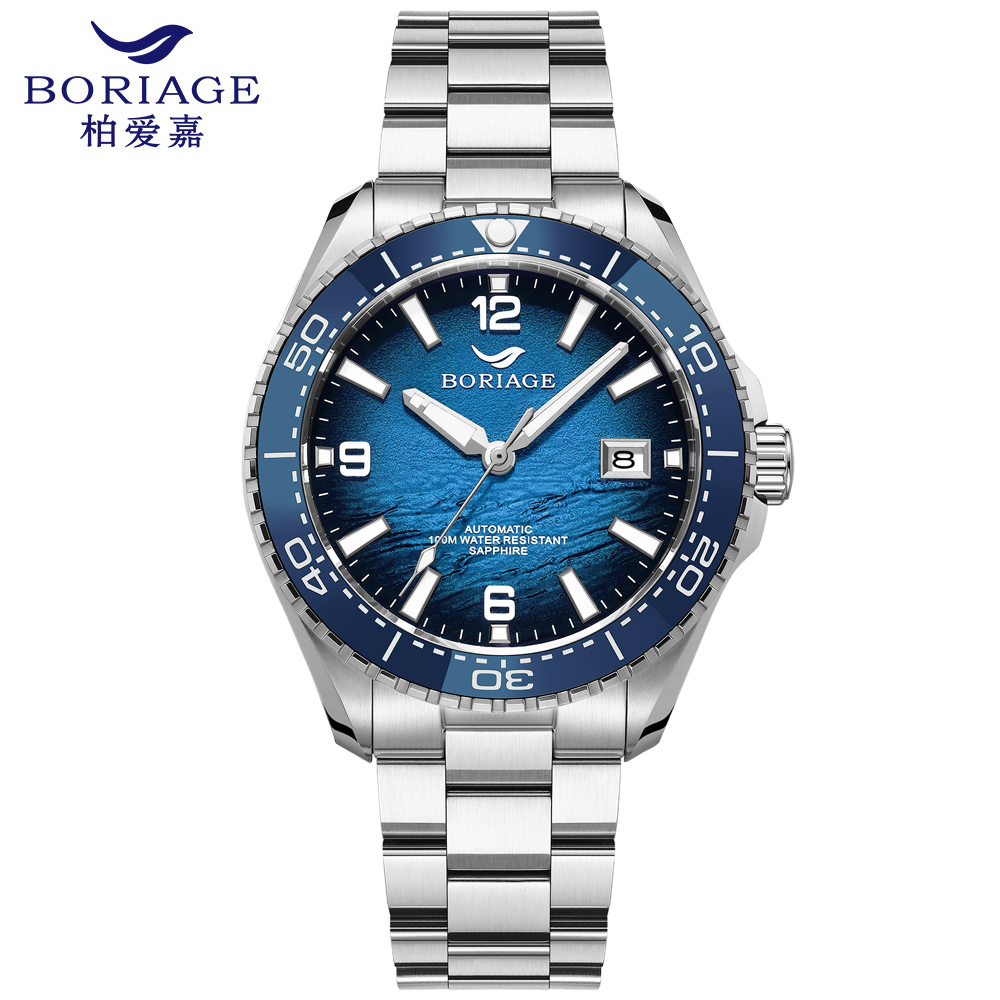 Baiaijia fully automatic mechanical men's watch, waterproof men's wristwatch, original genuine leather and real diamond watch, 18K gold label watch 8007 Deep sea blue full figure
