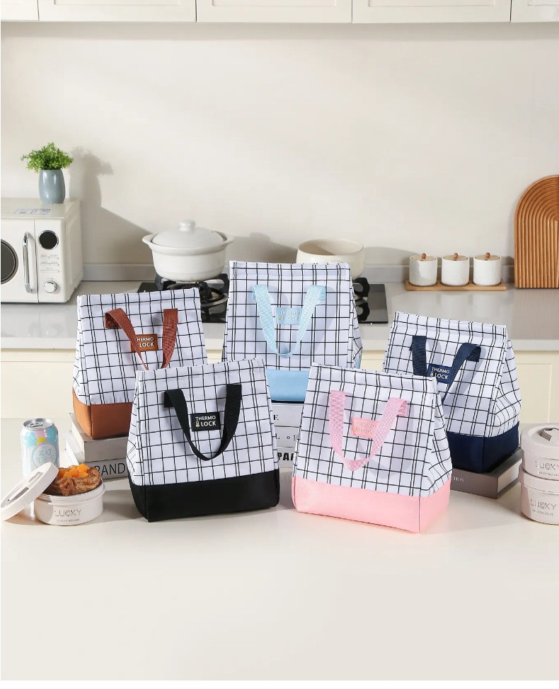 New grid minimalist meal bag, large-capacity insulated bag, lunch box bag, handbag, bento bag with rice, lunch bag