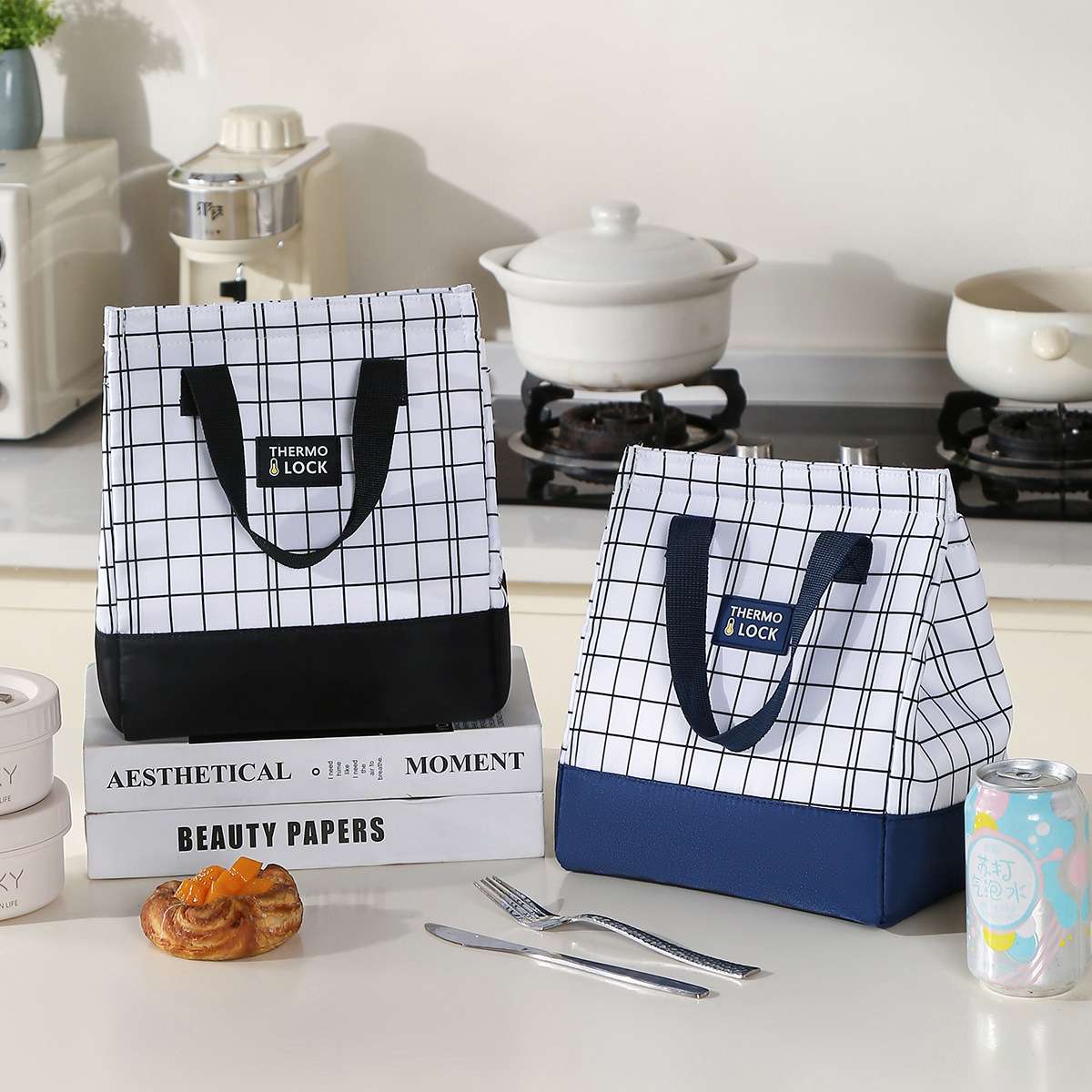 New grid minimalist meal bag, large-capacity insulated bag, lunch box bag, handbag, bento bag with rice, lunch bag detail image 16