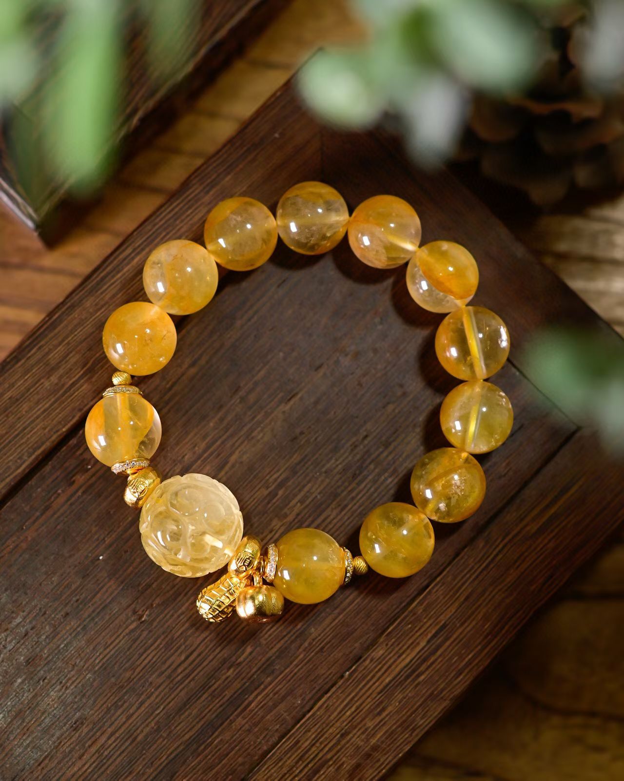 道毅珠宝黄胶花手链搭配黄水晶回纹珠925纯银镀金配饰好事花生提溜细节图