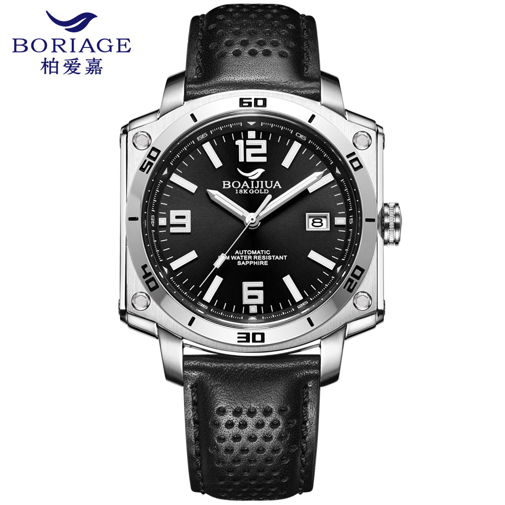 The new automatic mechanical men's watch from Baiaijia, a fashionable waterproof leather strap men's watch, an original genuine 18K gold label wristwatch 8005, starry Night black, 42.5mm full figure