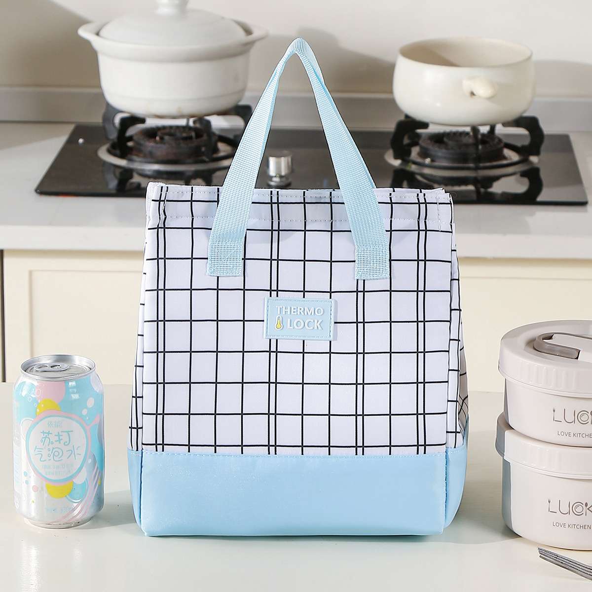 New grid minimalist meal bag, large-capacity insulated bag, lunch box bag, handbag, bento bag with rice, lunch bag detail image 20