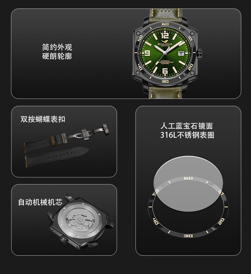 柏爱嘉新品自动机械男表时尚防水皮带男士手表原创正品18K金标腕表8005 幻影黑42.5mm详情3