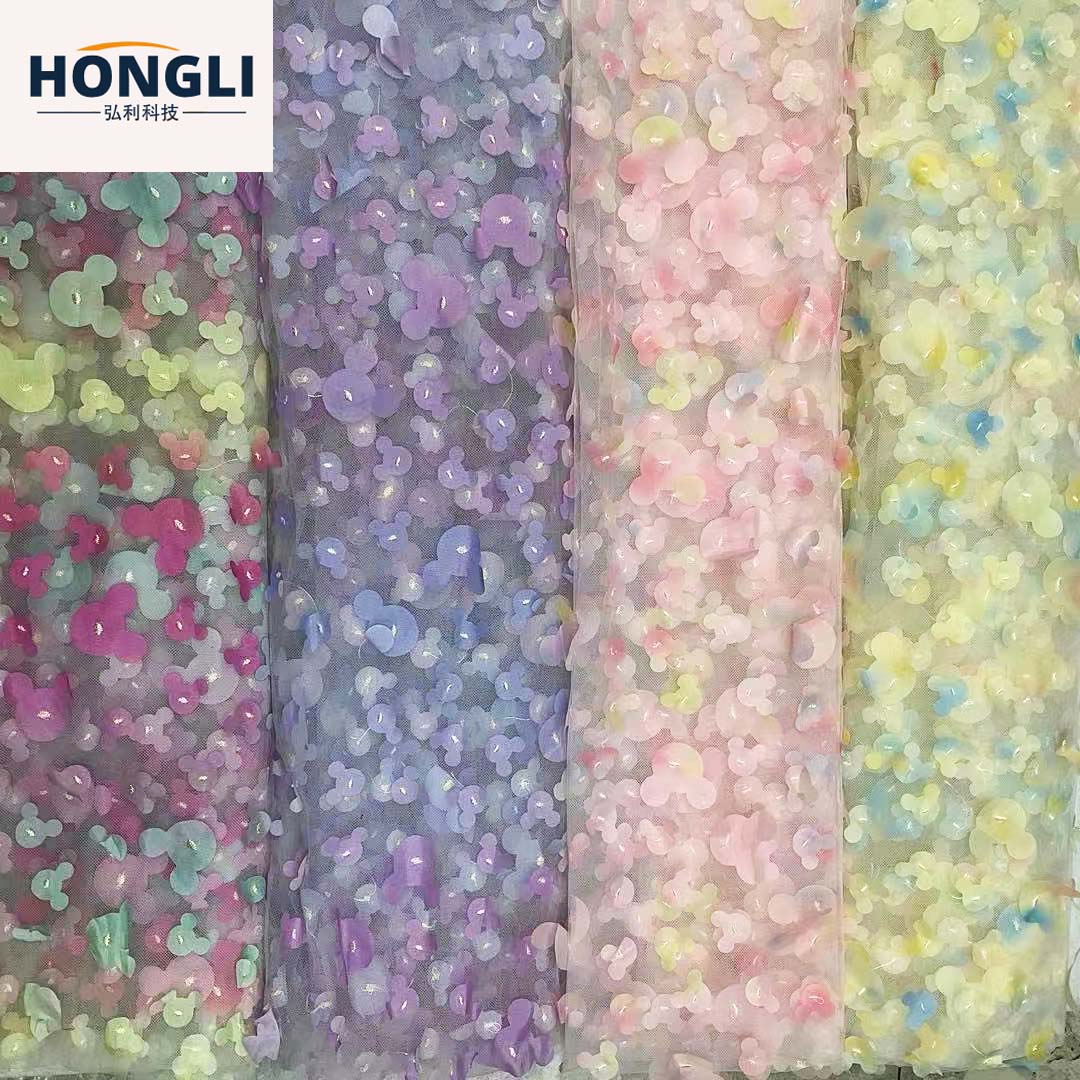 Hongli Technology's 2022 new style mesh gradient three-dimensional embroidered fabric, European and American women's dress and stage dress, Mickey embroidered fabric HLJC-00663