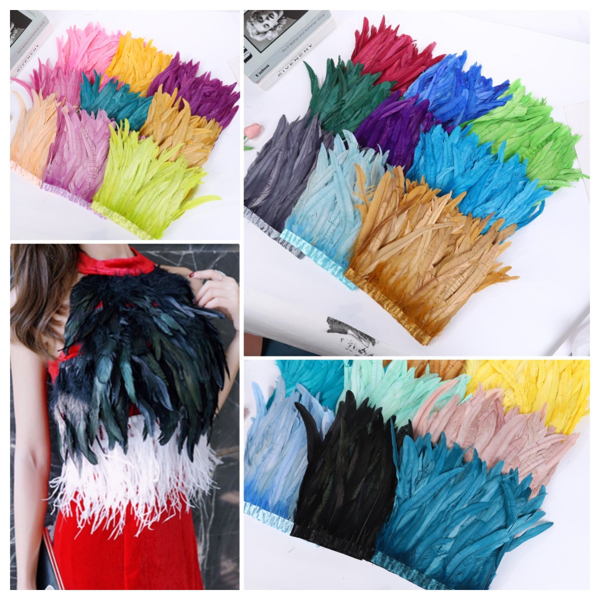 Colorful 25-30 Chicken Tail Feather Fabric Hem, Rooster Feather Fabric Skirt Hem, Stage Fashion Show Costume Decorated With Feathers details Picture