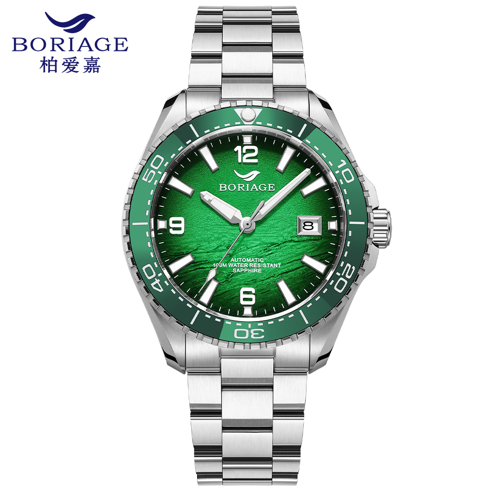 Baiaijia fully automatic mechanical men's watch, waterproof men's wristwatch, original genuine leather and real diamond watch, 18K gold label watch 8007 Aurora green full figure